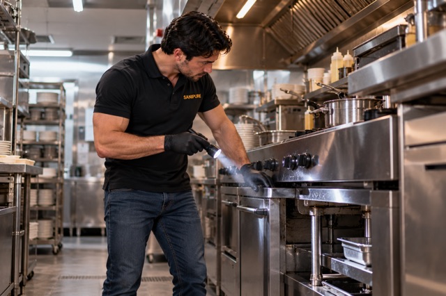 Technicien SANIPURE inspectant les équipements d’une cuisine professionnelle