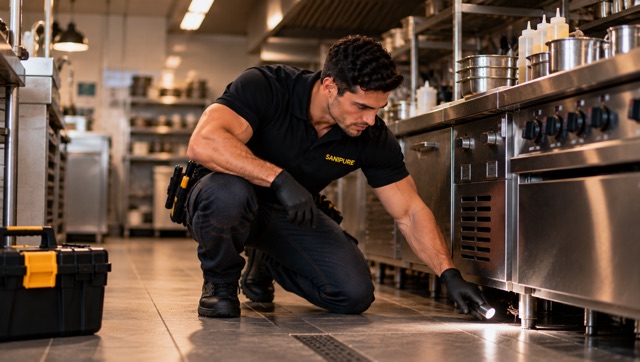 Technicien SANIPURE inspectant à la lampe le dessous des équipements d’une cuisine professionnelle