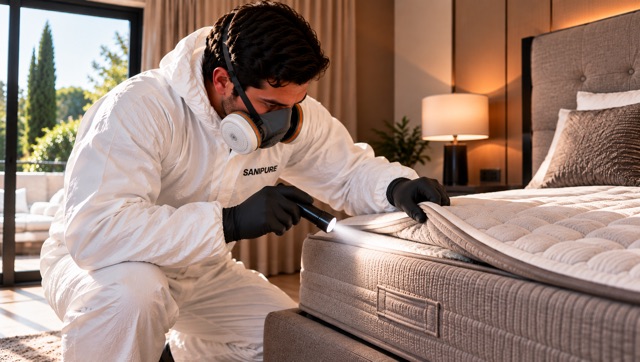 Technicien SANIPURE soulevant un matelas pour rechercher des punaises de lit