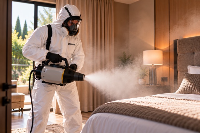 Technicien SANIPURE en combinaison et masque complet réalisant une nébulisation dans une chambre