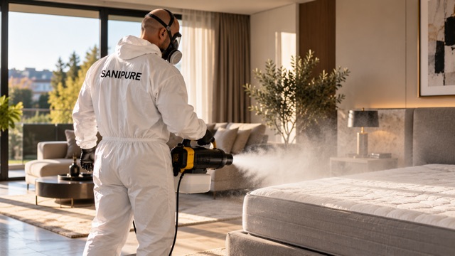 Technicien SANIPURE en combinaison et masque réalisant une nébulisation dans un séjour