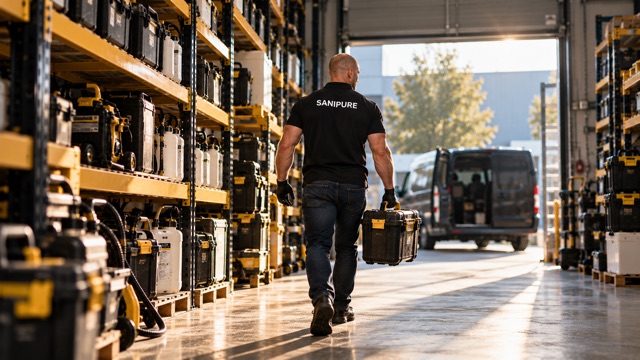 Technicien SANIPURE rejoignant un utilitaire de l’entreprise, mallette de matériel à la main