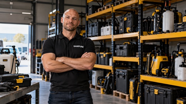 Technicien SANIPURE devant les rayonnages de matériel de l’entreprise