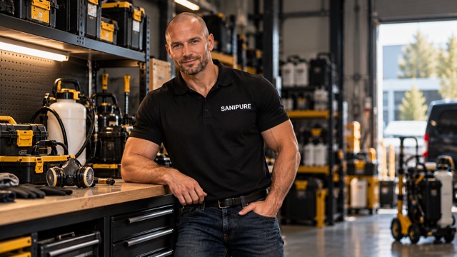 Technicien SANIPURE dans l’atelier où est préparé le matériel d’intervention