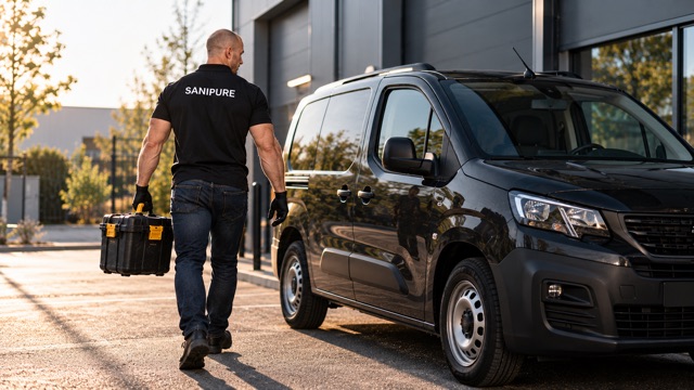 Technicien SANIPURE se dirigeant vers son véhicule d’intervention