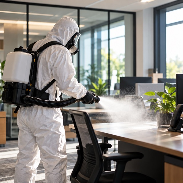 Technicien SANIPURE réalisant une désinfection dans des bureaux