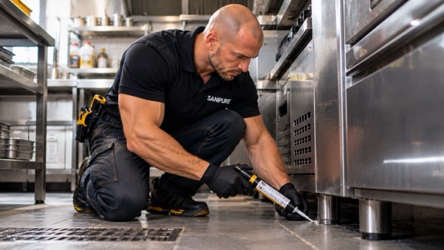 Technicien SANIPURE appliquant un gel au pied des meubles d’une cuisine professionnelle