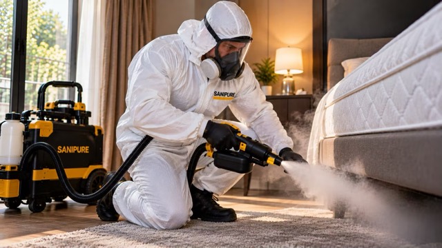 Technicien SANIPURE traitant un lit à la vapeur